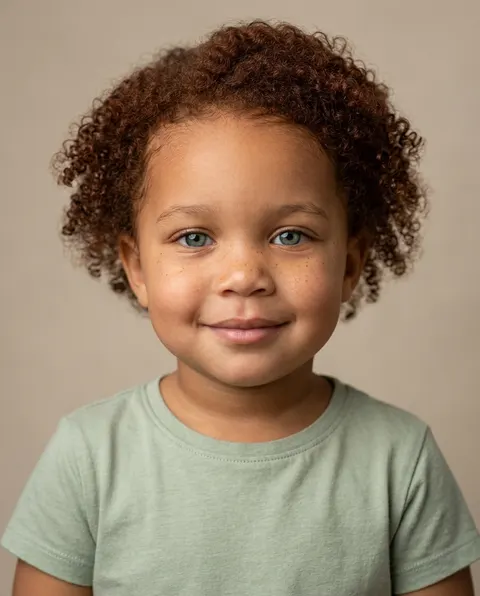 Meisje van een gemengd stel: mama met een donkere huid en krullen, papa met rood haar en blauwe ogen