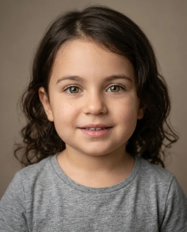 AI-portret van de driejarige dochter van een mama met donker haar en een papa met lichte ogen, half om half