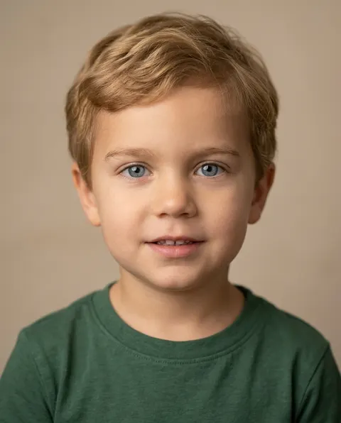 Jongen van 3 met het blonde haar van zijn vader en de lach van zijn moeder