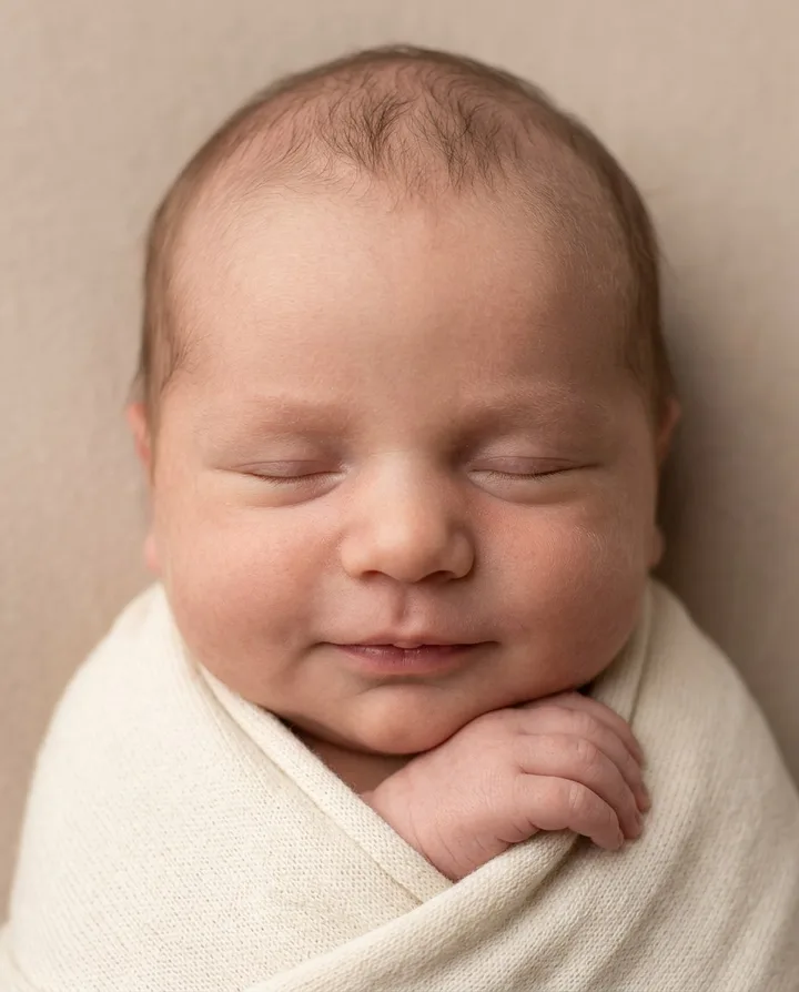 Foto real de recién nacido creada con IA por BabyMix a partir de esa ecografía 3D: misma nariz, mismos labios, misma manita