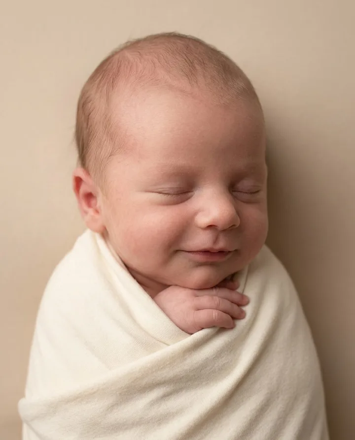 Ese bebé recién nacido, con la misma sonrisa y las manitas bajo la barbilla, en una foto creada con IA por BabyMix